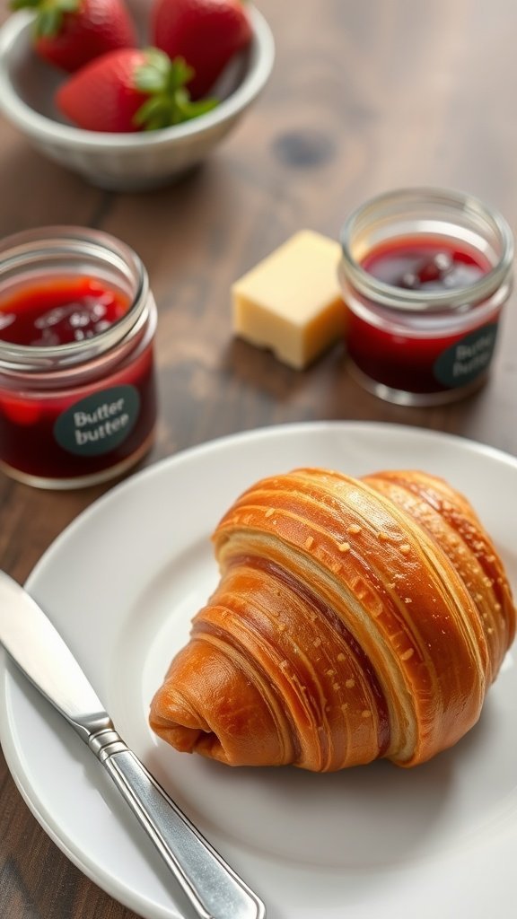 A classic butter croissant on a plate with jam and strawberries.