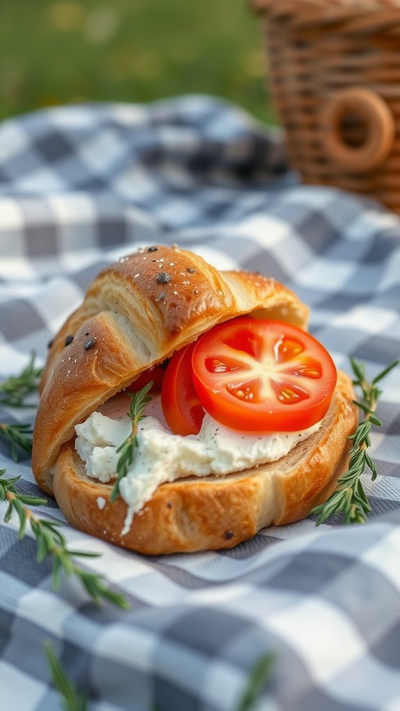 A herbed goat cheese and tomato filled croissant on a picnic blanket.