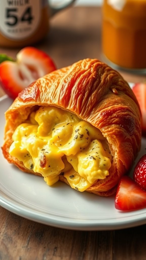 A close-up of a flaky croissant filled with creamy scrambled eggs and cheese.