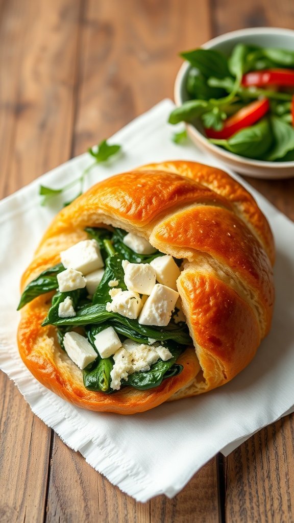 A savory spinach and feta croissant on a wooden table.