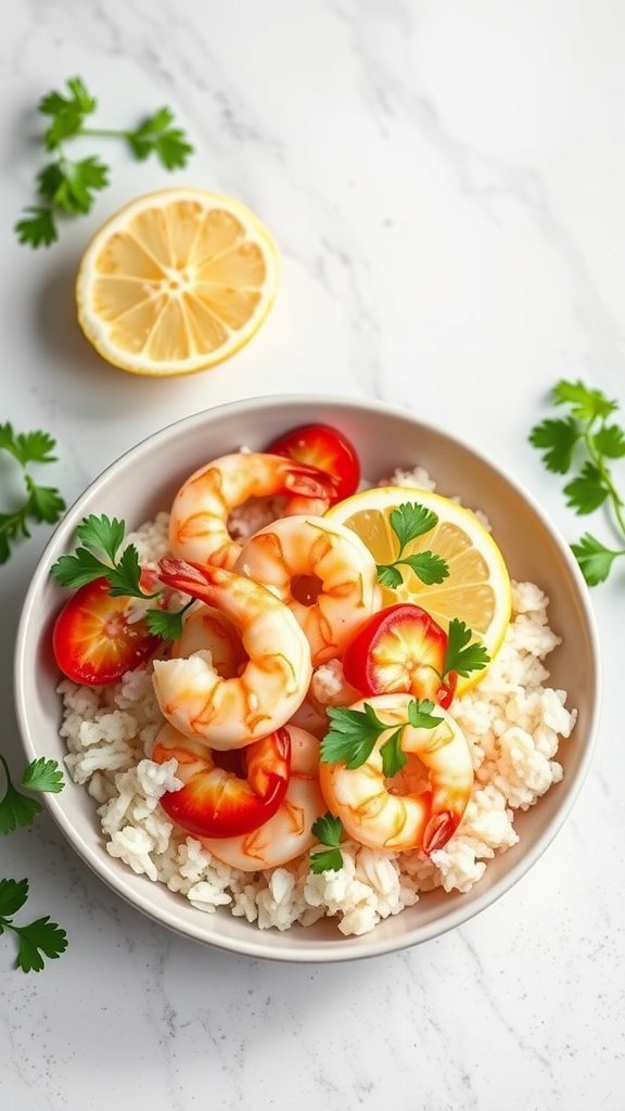 A bowl of lemon garlic shrimp served over jasmine rice with fresh parsley and cherry tomatoes.