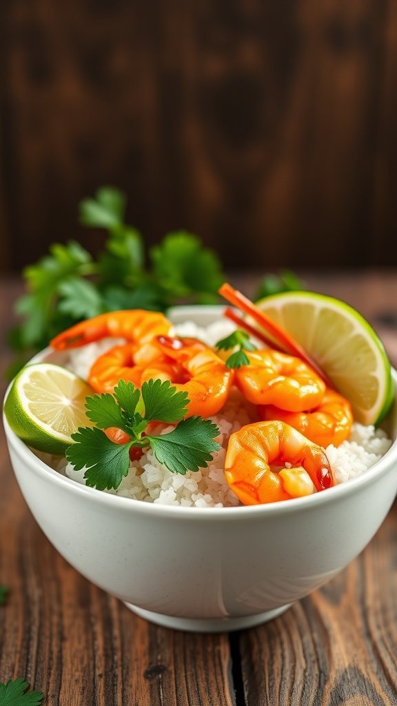 A serving of Spicy Thai Shrimp with Coconut Rice garnished with lime and cilantro.