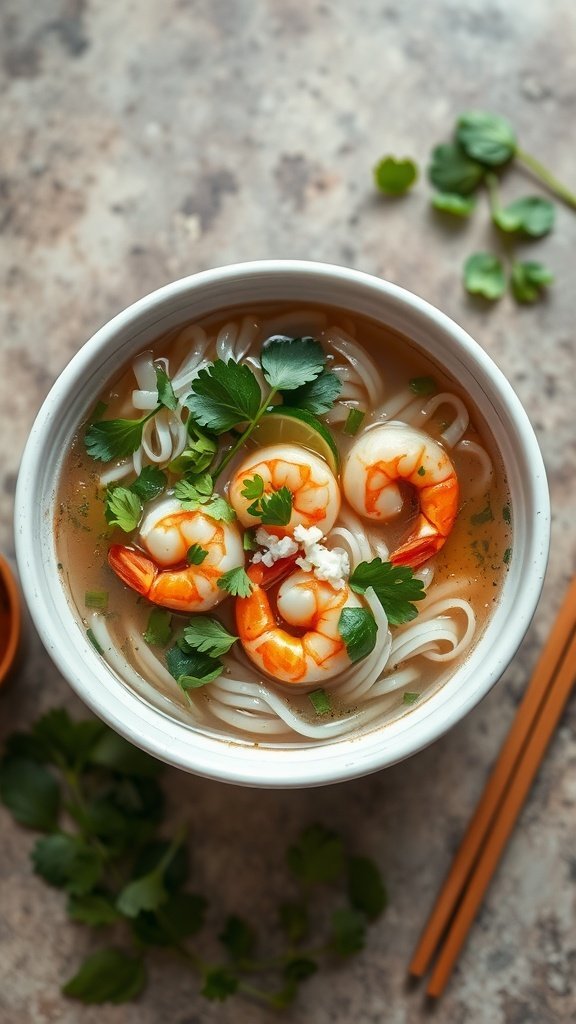 Bowl of Vietnamese Shrimp Pho with noodles, shrimp, and herbs