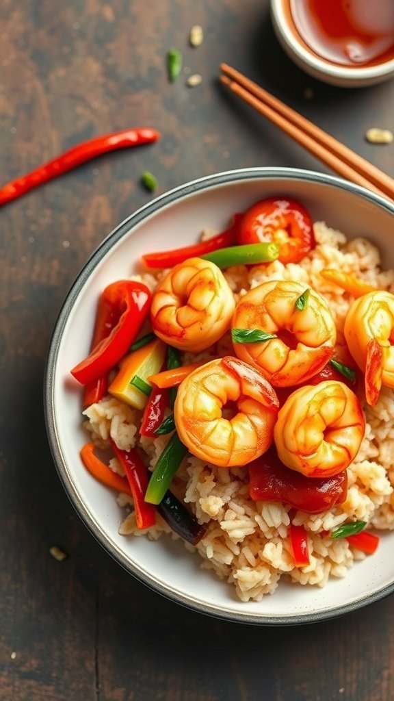 A delicious bowl of Szechuan Shrimp with Fried Rice, featuring shrimp, colorful vegetables, and rice.