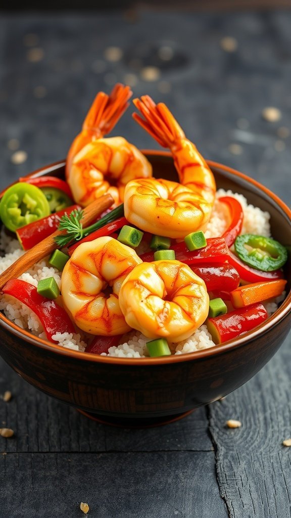 A colorful bowl of teriyaki shrimp and mixed vegetables served over rice.