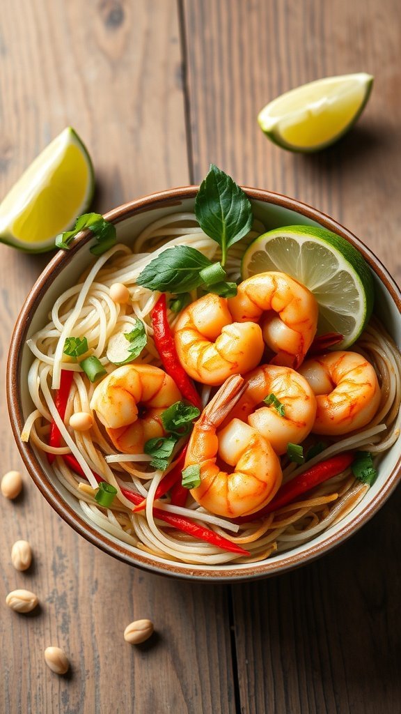 A delicious Pad Thai Shrimp Bowl with shrimp, noodles, and fresh vegetables.