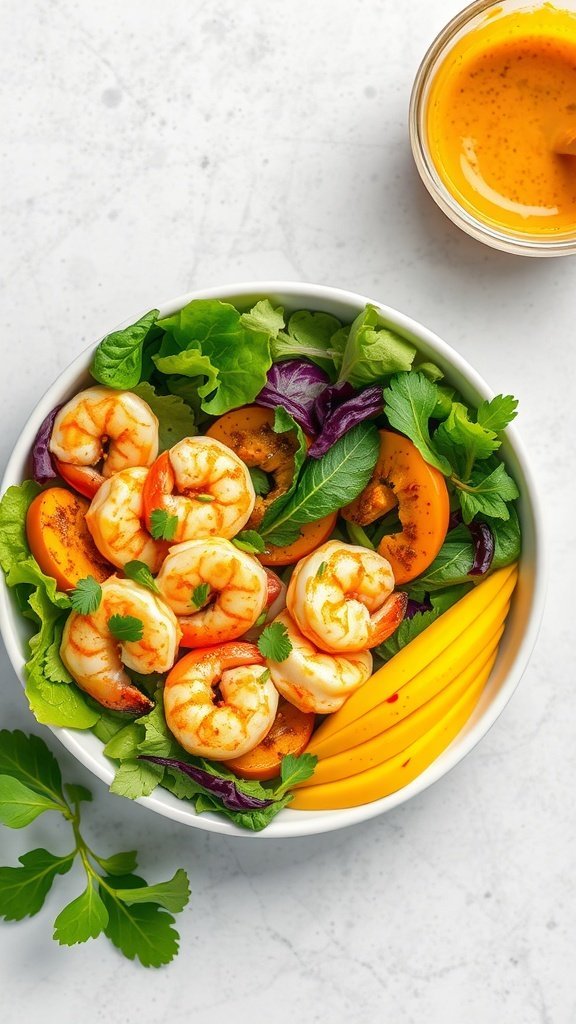 A vibrant salad featuring shrimp, mango, and greens.