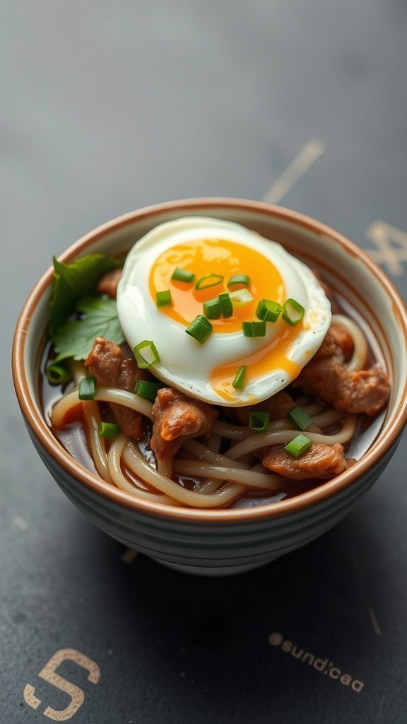 A bowl of Braised Pork Udon topped with a soft boiled egg and green onions.