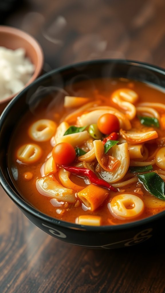 A steaming bowl of spicy miso udon soup featuring udon noodles, vegetables, and a rich broth.