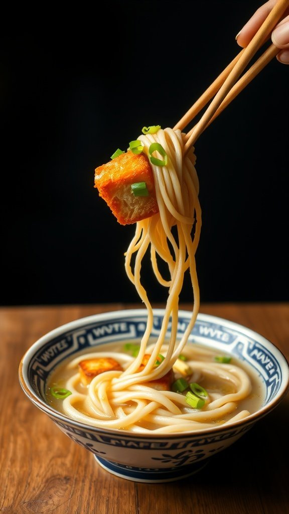 A bowl of classic Kitsune Udon with sweet fried tofu and green onions.