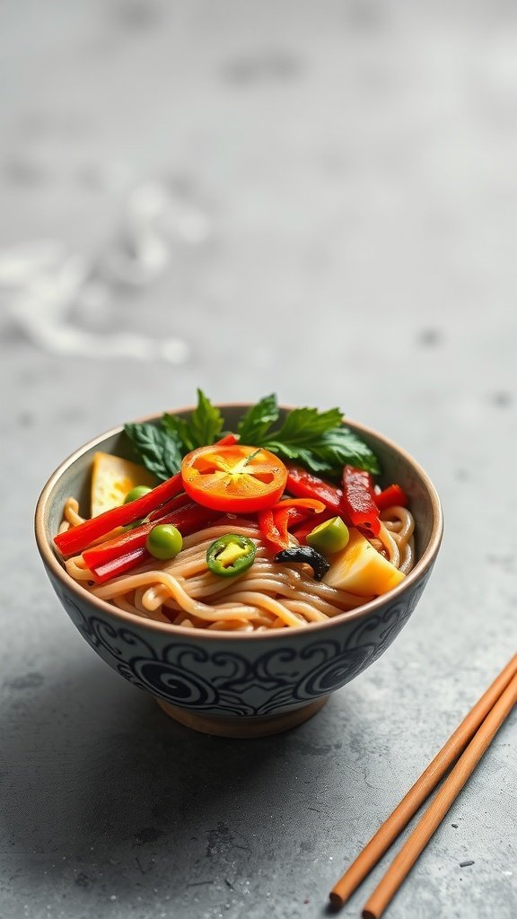 A vibrant bowl of vegetarian udon noodles topped with stir-fried vegetables and garnished with herbs.