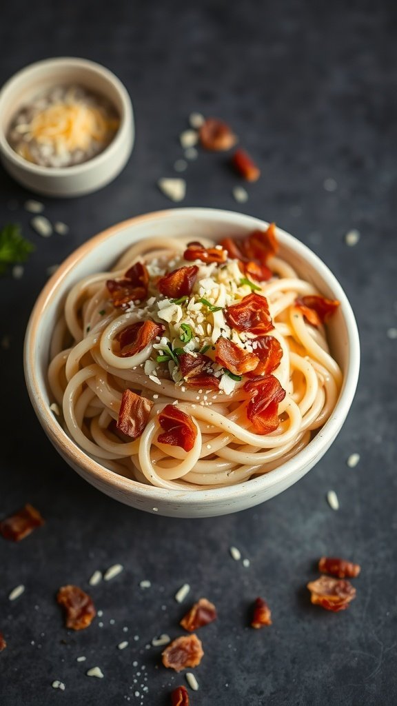 A bowl of creamy carbonara udon topped with crispy bacon and herbs.