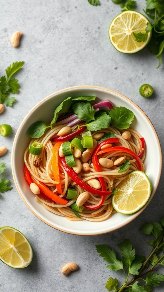 A colorful bowl of spicy peanut udon salad with red and yellow bell peppers, peanuts, and lime slices.