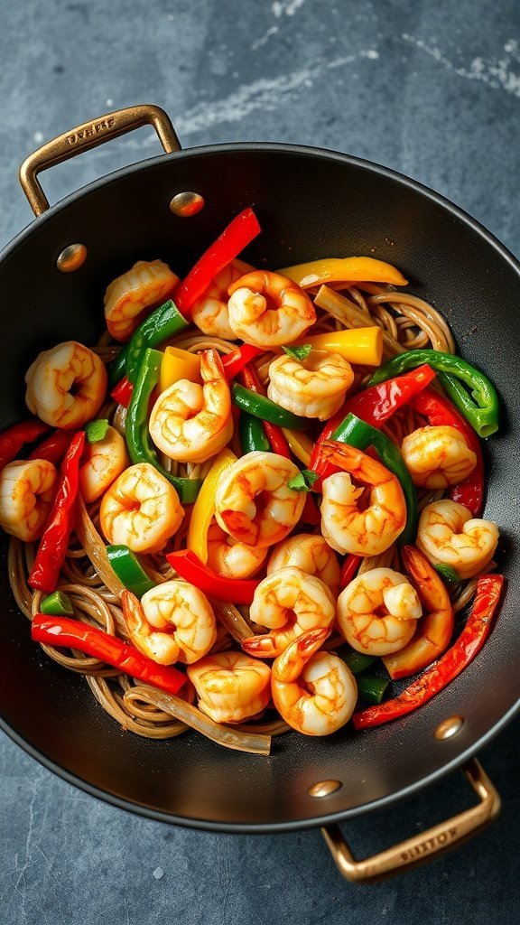 Seafood Udon Noodle Stir-Fry with shrimp and colorful vegetables