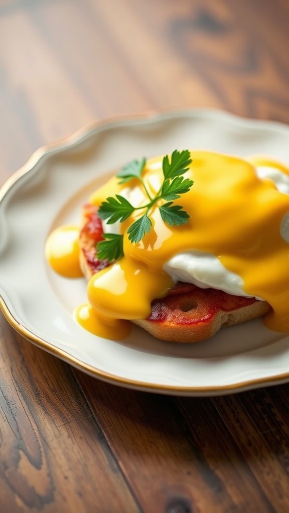 A plate of Eggs Benedict topped with hollandaise sauce and garnished with parsley.