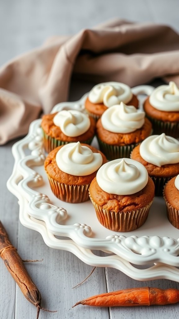 Delicious carrot cake muffins topped with cream cheese frosting on a decorative plate.