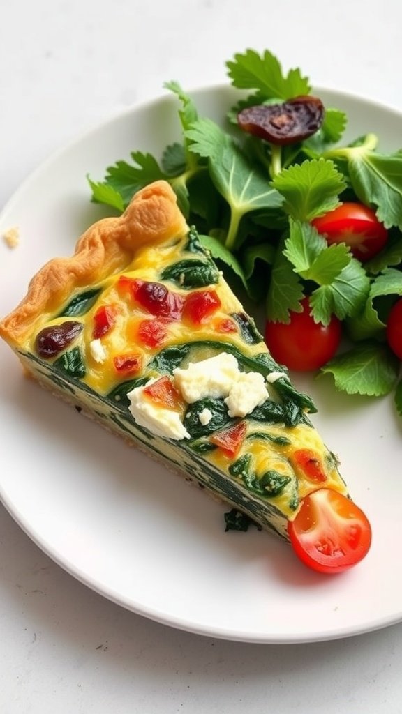 Savory quiche slice with spinach and feta served with a side salad.