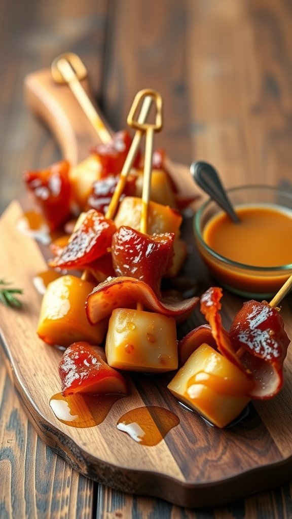 Honey glazed ham bites served on skewers with a dipping sauce