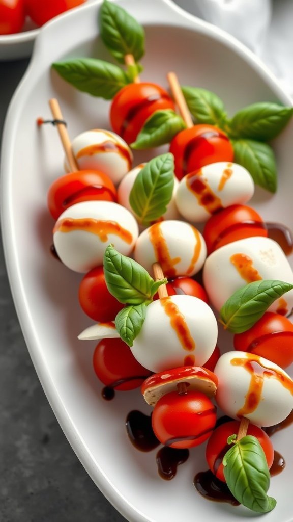 Mini Caprese Skewers with cherry tomatoes, mozzarella, and basil