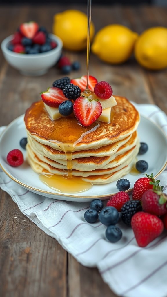 Fluffy lemon ricotta pancakes topped with fruits and syrup