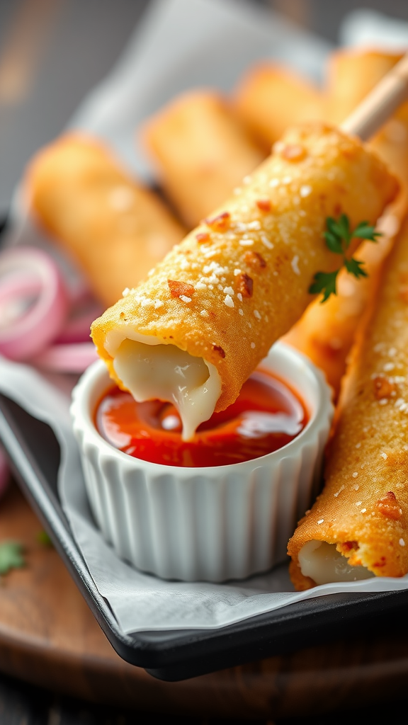 Delicious air fryer mozzarella sticks served with marinara sauce.