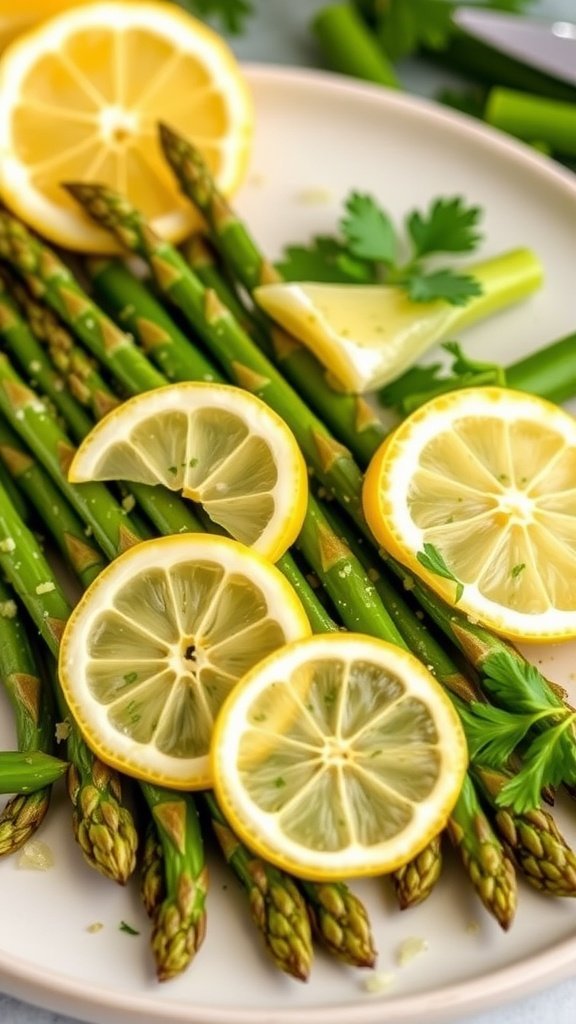 Plate of garlic butter asparagus with lemon wedges