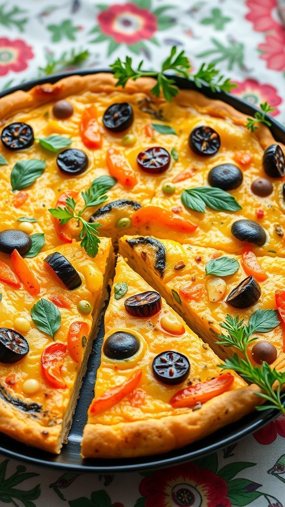 A colorful spring vegetable frittata with slices cut out, garnished with fresh herbs.