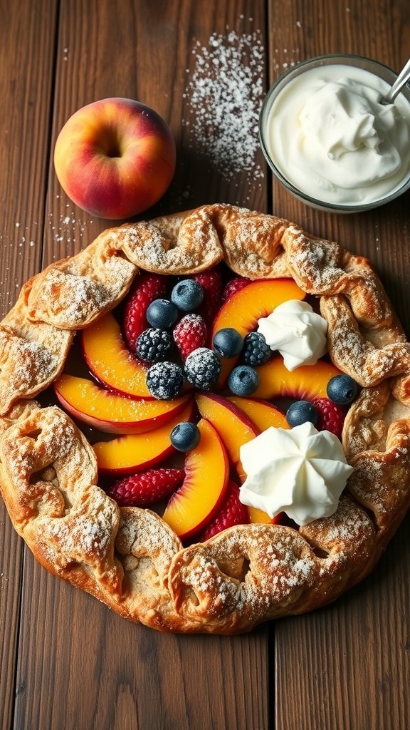 A delicious peach and berry galette decorated with whipped cream and fresh fruit.