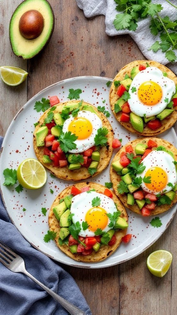 Colorful breakfast tostadas with eggs, avocado, tomatoes, and cilantro on a rustic table.