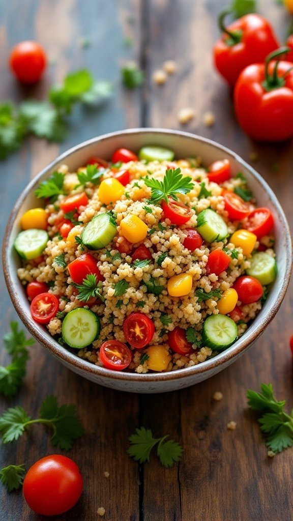 A colorful quinoa salad with bell peppers, cucumbers, and tomatoes, drizzled with citrus dressing, in a rustic bowl.