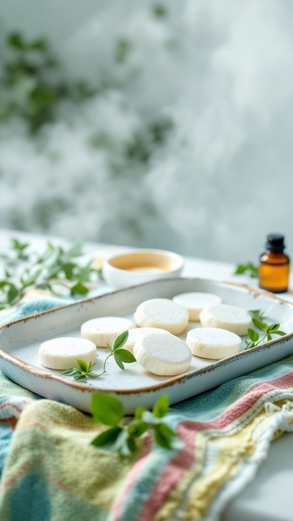 Homemade eucalyptus shower steamers on a colorful towel with eucalyptus leaves and essential oil in a bright bathroom.