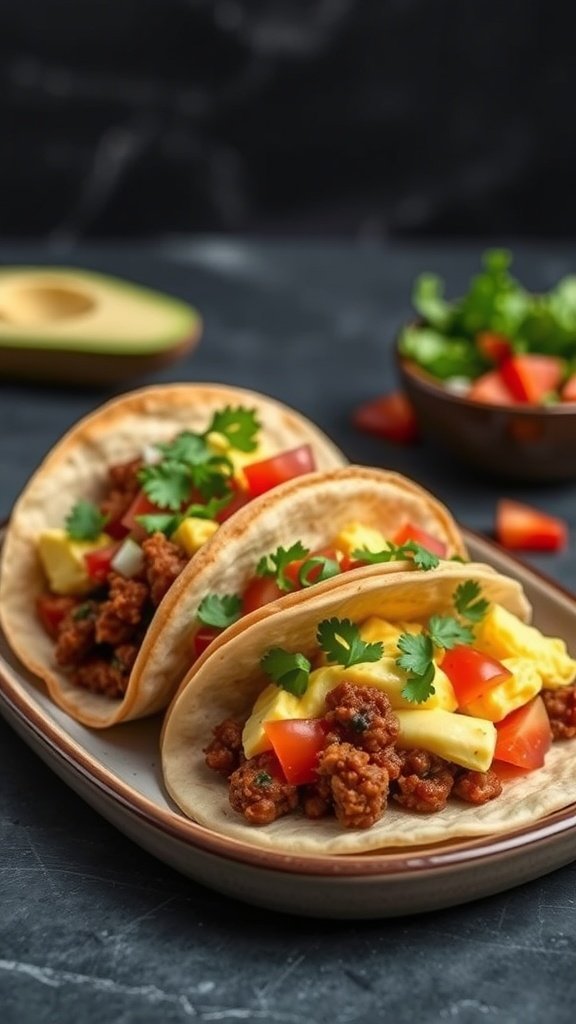 Delicious chorizo and egg breakfast tacos topped with fresh vegetables and herbs.