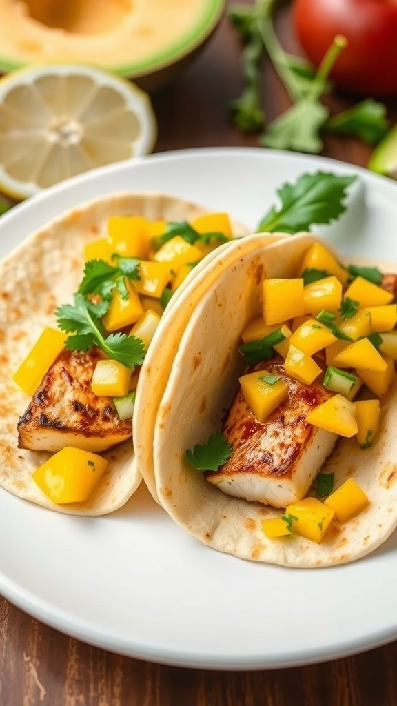 Two grilled fish tacos topped with mango salsa and garnished with cilantro, served on a white plate.