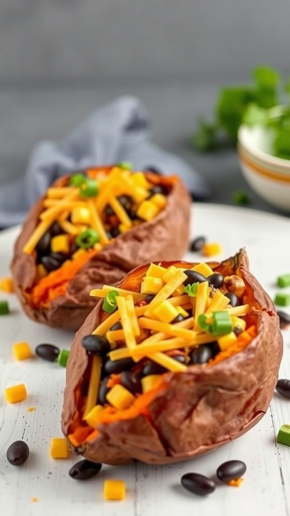 Stuffed sweet potatoes topped with cheese and green onions