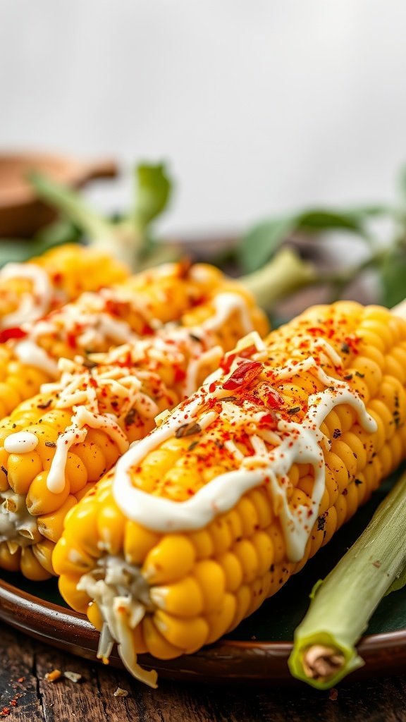 Delicious Mexican Street Corn on the Cob topped with creamy sauce and spices.