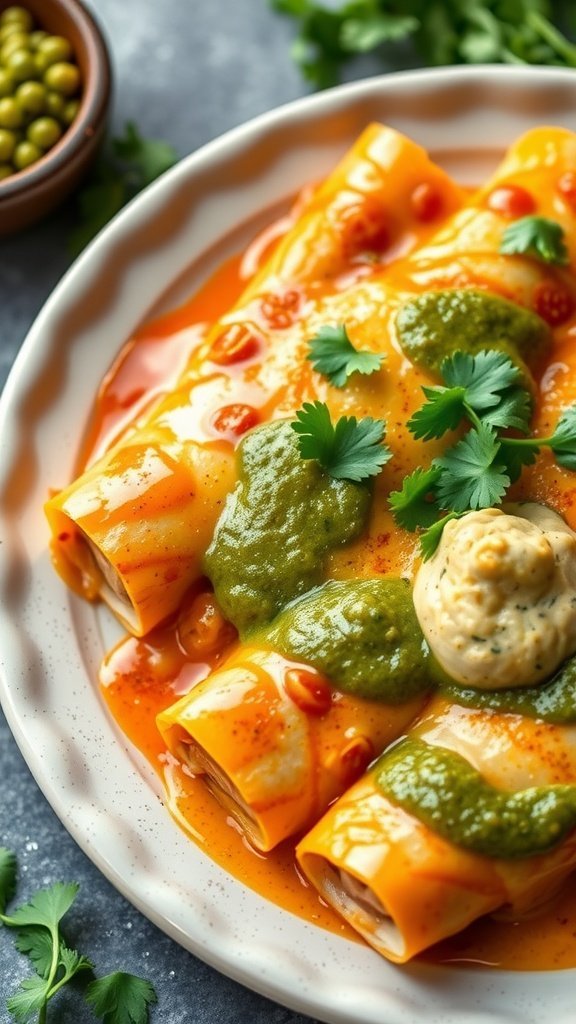 Spicy chicken enchiladas with green sauce garnished with cilantro and sour cream.