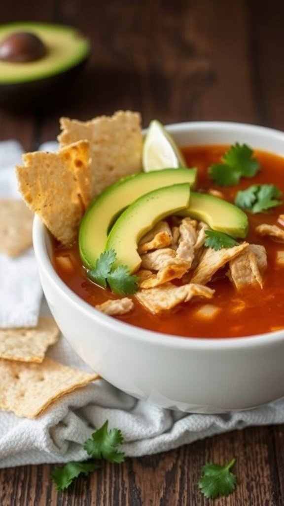 A bowl of Chicken Tortilla Soup topped with avocado slices and tortilla strips.