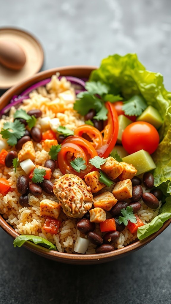 A vibrant bowl of Chipotle Chicken Burrito with rice, veggies, and garnishes.