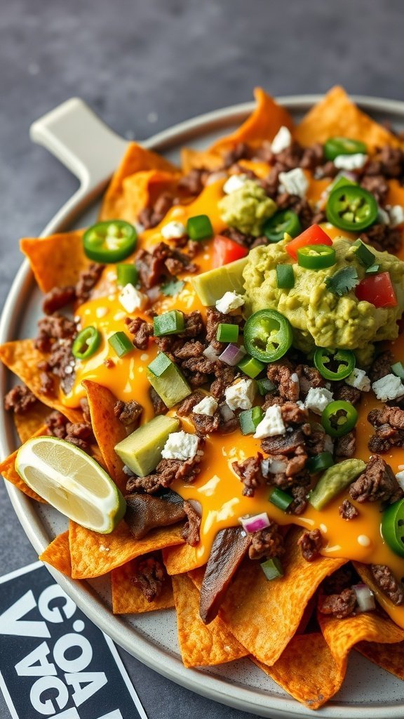 A plate of Cheesy Beef Nachos Supreme topped with cheese, beef, guacamole, and fresh veggies.