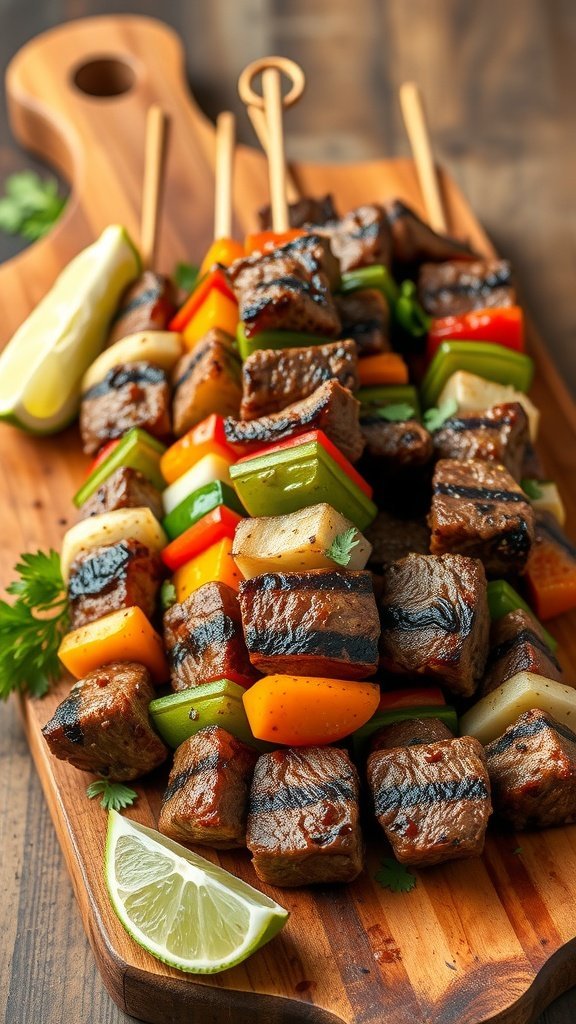 Delicious beef and veggie skewers on a wooden platter with lime and herbs