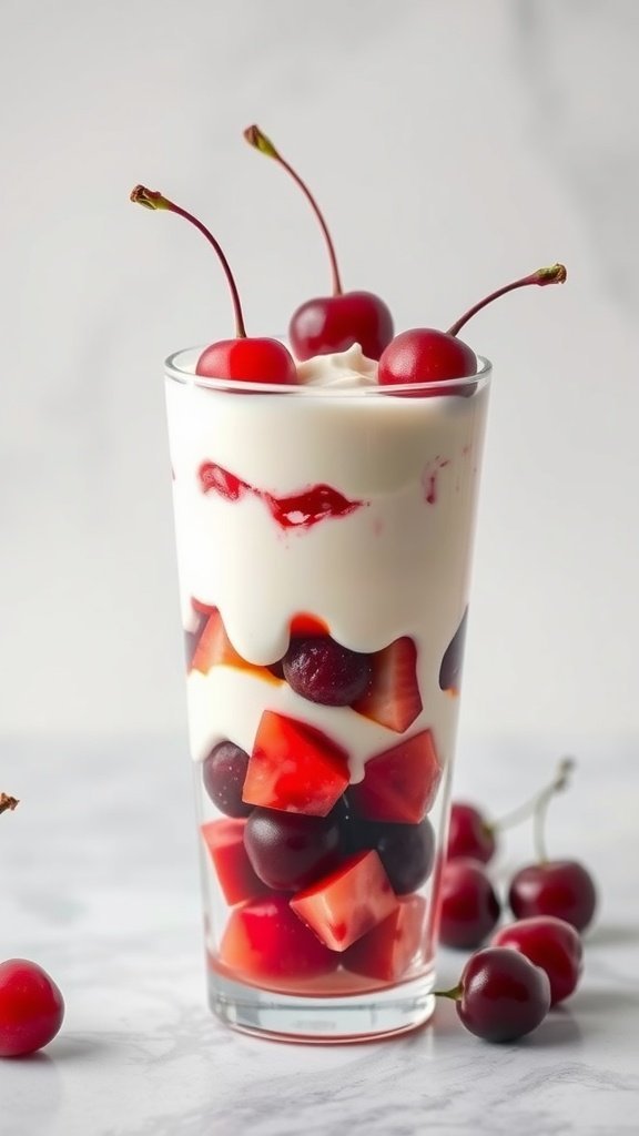 A delicious cherry vanilla parfait with layers of yogurt, cherries, and strawberries.