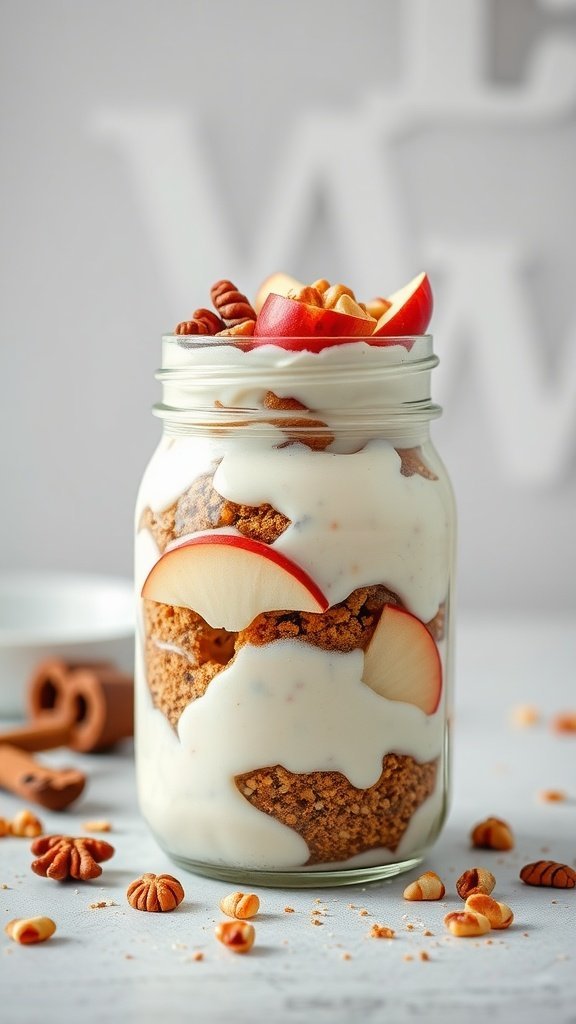 Nutty apple cinnamon yogurt parfait in a jar