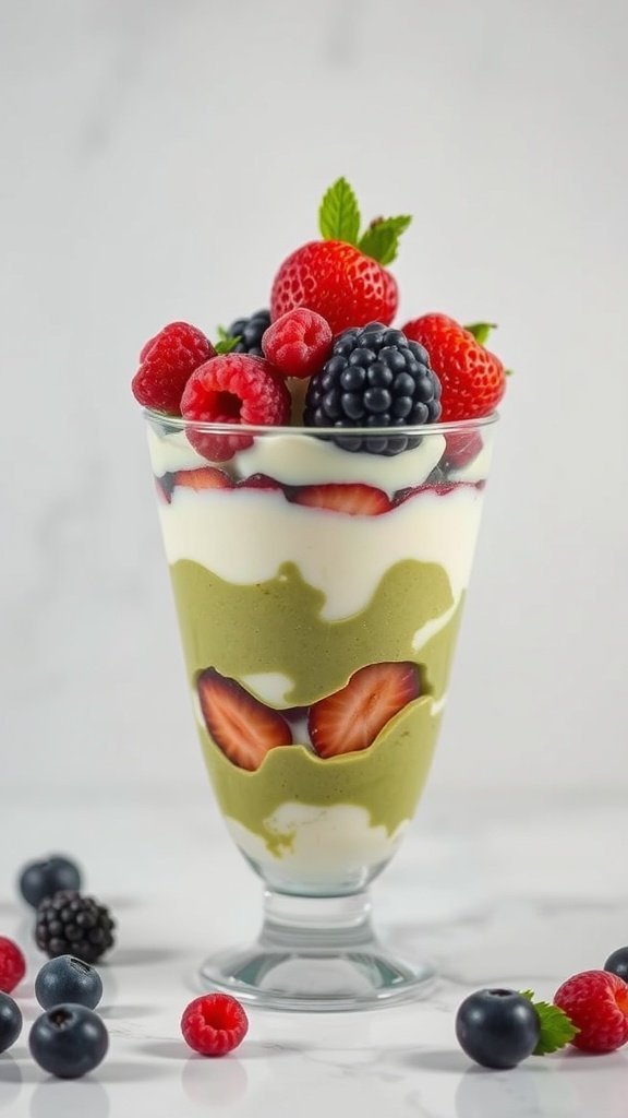 A matcha green tea parfait with layers of yogurt, strawberries, blueberries, and raspberries.