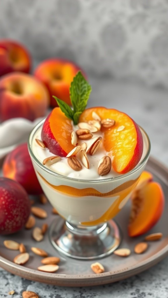 A delicious peach almond yogurt parfait with sliced peaches and almonds.