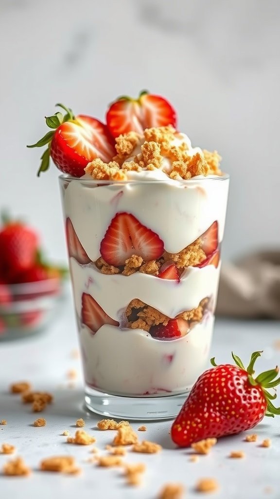 A delicious yogurt parfait with layers of strawberries and graham cracker crumbs.