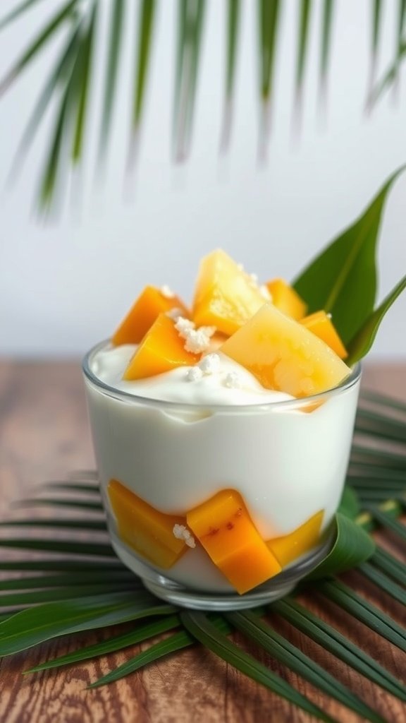 A tropical yogurt parfait with layers of yogurt, mango, and coconut.