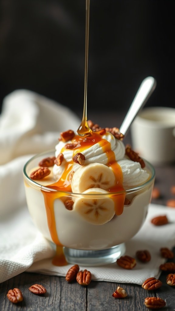 A delicious yogurt parfait with banana, pecans, and maple syrup.