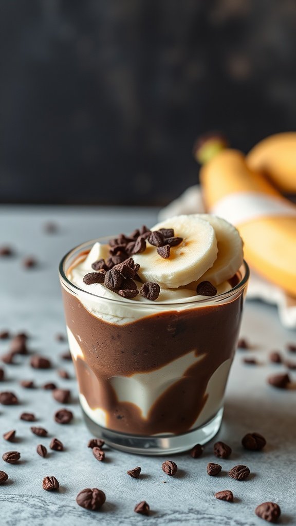 A delicious chocolate banana yogurt parfait with layers of yogurt, chocolate pudding, banana slices, granola, and chocolate chips.