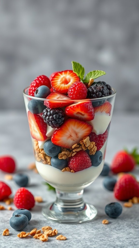 A delicious Berry Bliss Parfait with layers of yogurt, fresh berries, and granola.