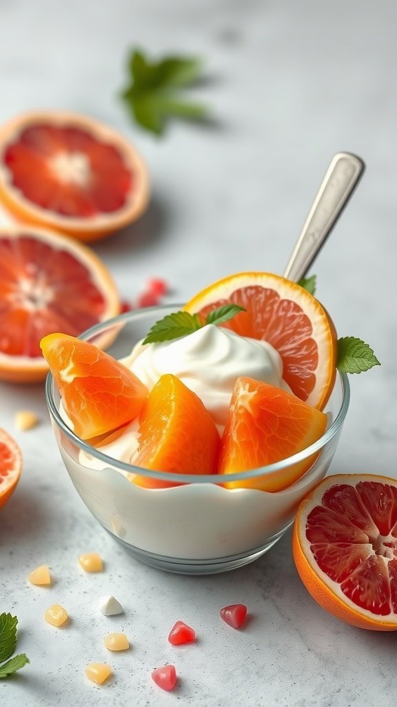 A bowl of yogurt topped with orange and grapefruit segments, garnished with mint leaves.